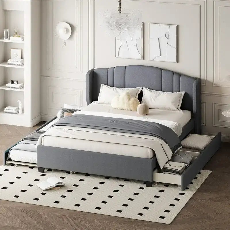 Letto a piattaforma Queen con testiera imbottita, letto estraibile singolo e 2 cassetti portaoggetti
