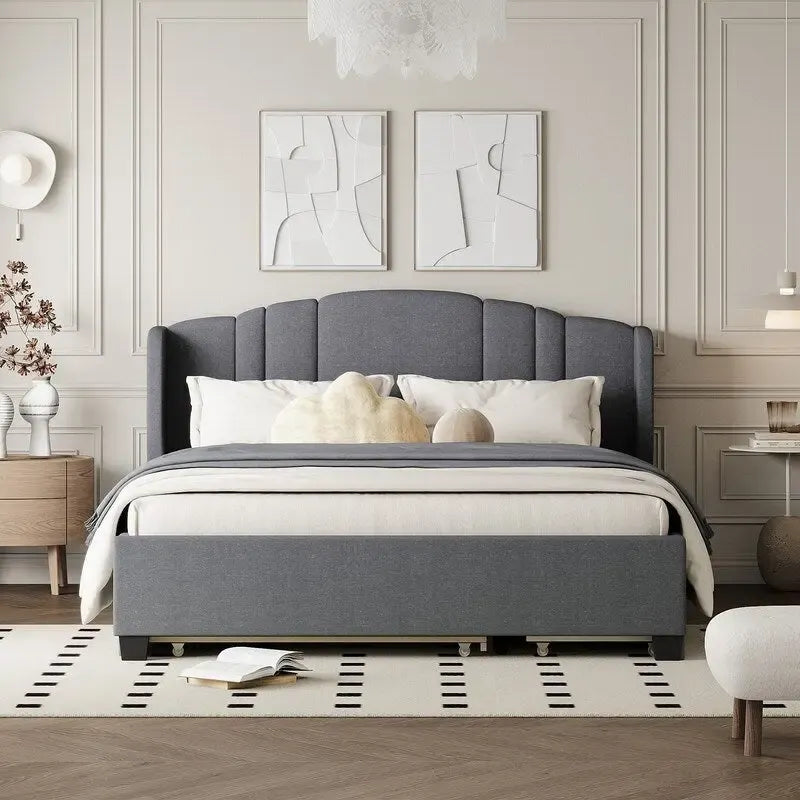 Letto a piattaforma Queen con testiera imbottita, letto estraibile singolo e 2 cassetti portaoggetti