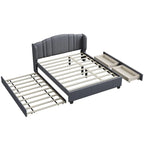 Letto a piattaforma Queen con testiera imbottita, letto estraibile singolo e 2 cassetti portaoggetti