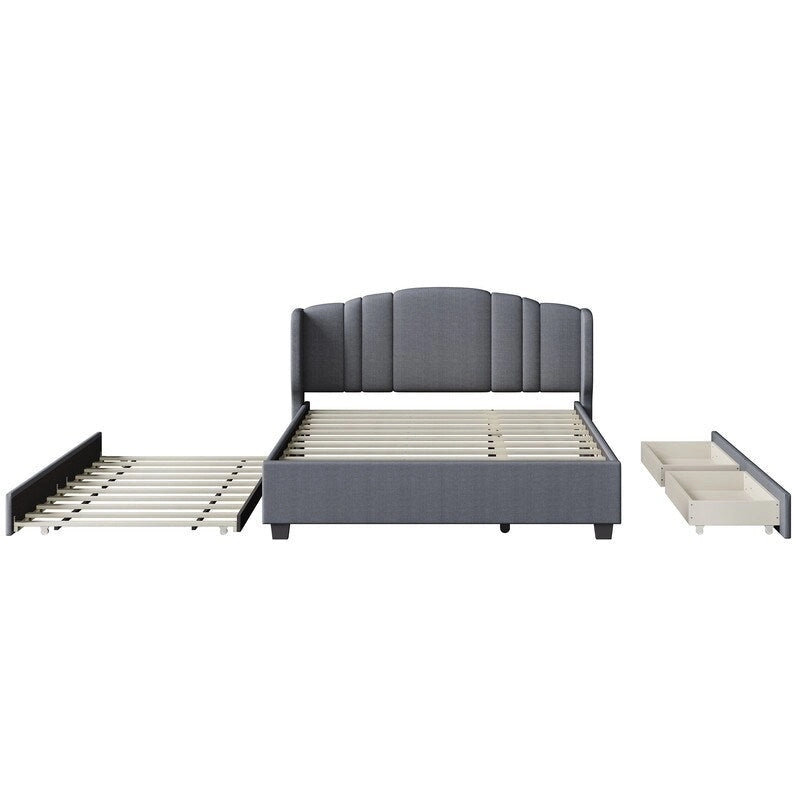 Letto a piattaforma Queen con testiera imbottita, letto estraibile singolo e 2 cassetti portaoggetti