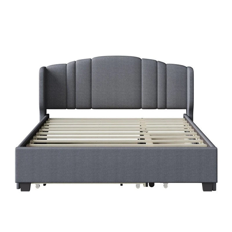 Letto a piattaforma Queen con testiera imbottita, letto estraibile singolo e 2 cassetti portaoggetti