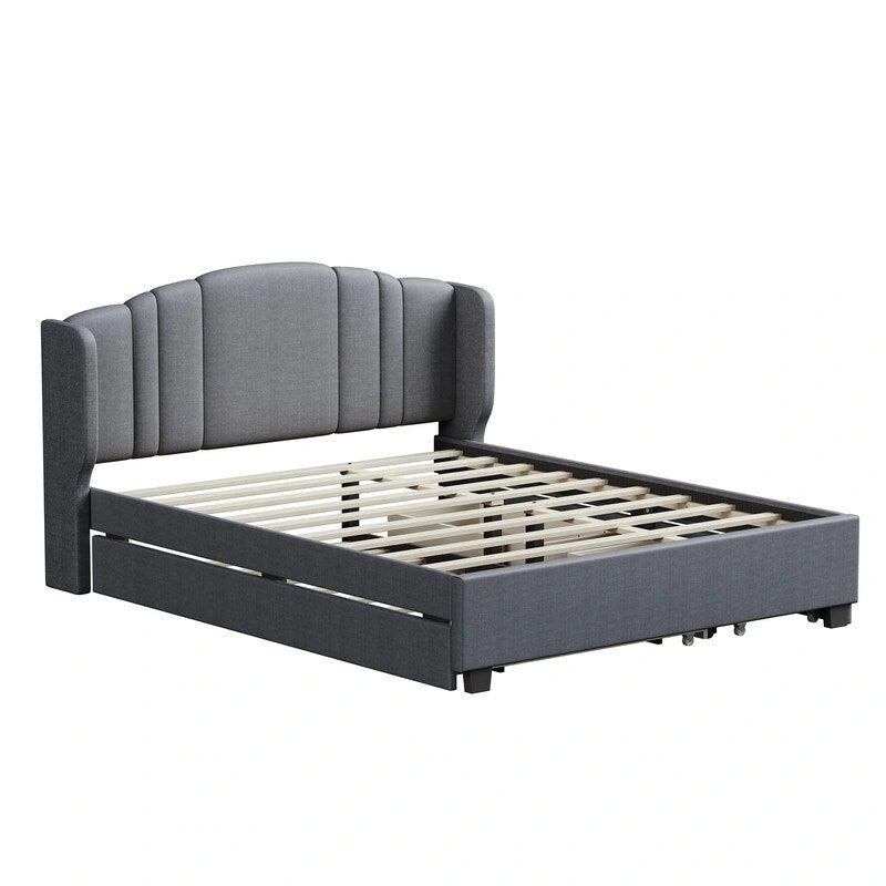Letto a piattaforma Queen con testiera imbottita, letto estraibile singolo e 2 cassetti portaoggetti