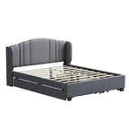 Letto a piattaforma Queen con testiera imbottita, letto estraibile singolo e 2 cassetti portaoggetti