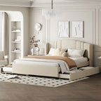 Letto a piattaforma Queen con testiera imbottita, letto estraibile singolo e 2 cassetti portaoggetti