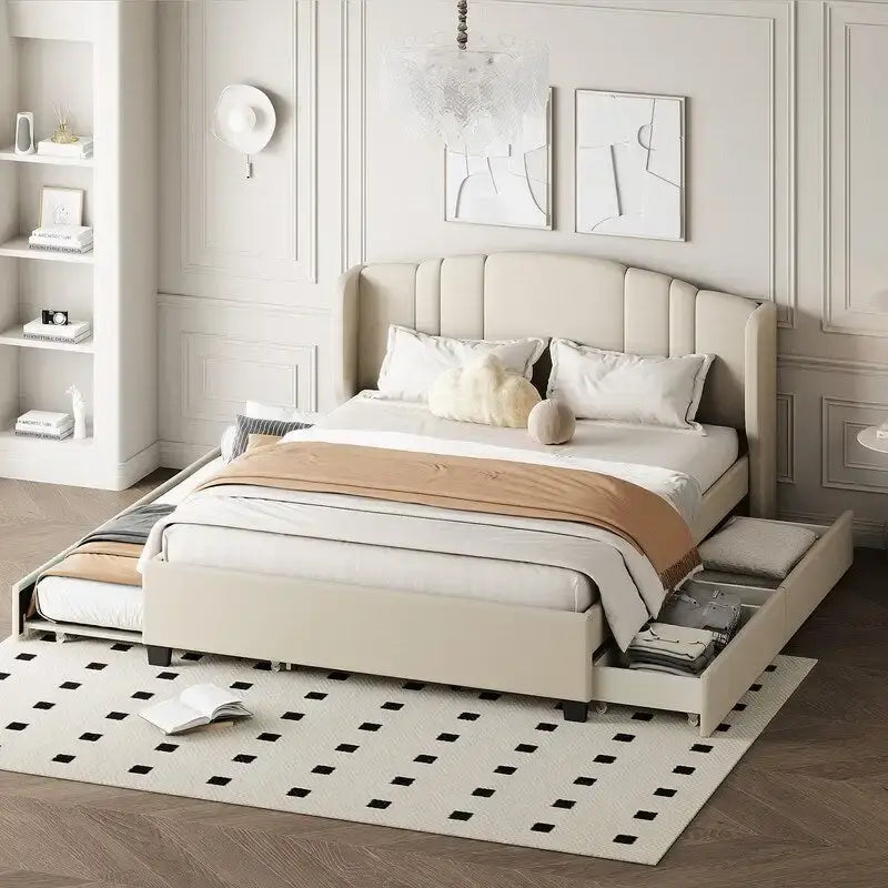 Letto a piattaforma Queen con testiera imbottita, letto estraibile singolo e 2 cassetti portaoggetti