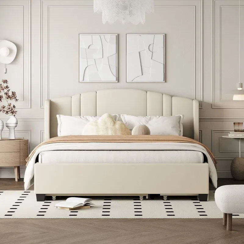 Letto a piattaforma Queen con testiera imbottita, letto estraibile singolo e 2 cassetti portaoggetti