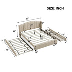Letto a piattaforma Queen con testiera imbottita, letto estraibile singolo e 2 cassetti portaoggetti