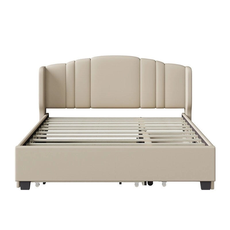 Letto a piattaforma Queen con testiera imbottita, letto estraibile singolo e 2 cassetti portaoggetti