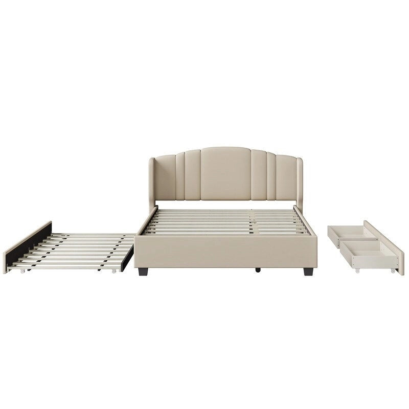 Letto a piattaforma Queen con testiera imbottita, letto estraibile singolo e 2 cassetti portaoggetti