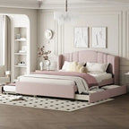 Letto a piattaforma Queen con testiera imbottita, letto estraibile singolo e 2 cassetti portaoggetti