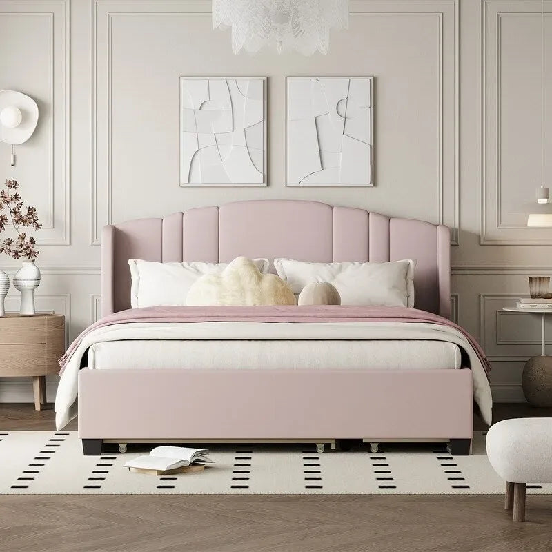 Letto a piattaforma Queen con testiera imbottita, letto estraibile singolo e 2 cassetti portaoggetti