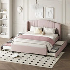 Letto a piattaforma Queen con testiera imbottita, letto estraibile singolo e 2 cassetti portaoggetti