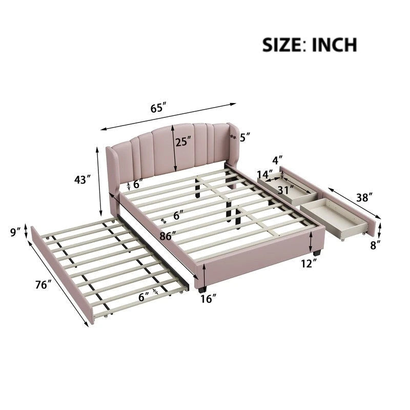 Letto a piattaforma Queen con testiera imbottita, letto estraibile singolo e 2 cassetti portaoggetti