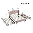 Letto a piattaforma Queen con testiera imbottita, letto estraibile singolo e 2 cassetti portaoggetti