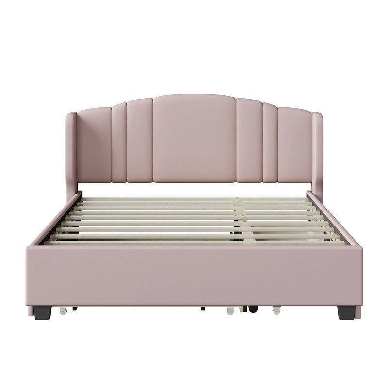 Letto a piattaforma Queen con testiera imbottita, letto estraibile singolo e 2 cassetti portaoggetti