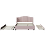 Letto a piattaforma Queen con testiera imbottita, letto estraibile singolo e 2 cassetti portaoggetti