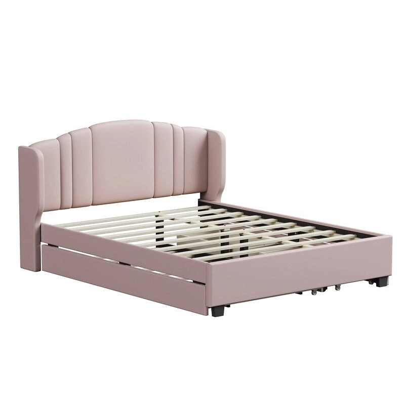 Letto a piattaforma Queen con testiera imbottita, letto estraibile singolo e 2 cassetti portaoggetti