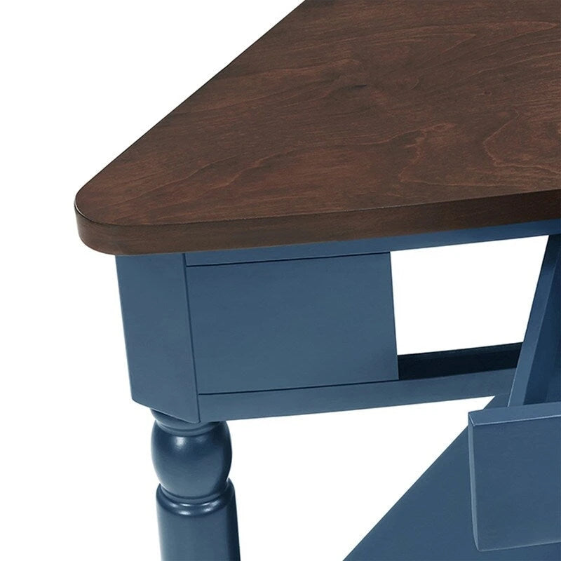 Tavolino angolare a triangolo a 3 ripiani con gambe in legno massello