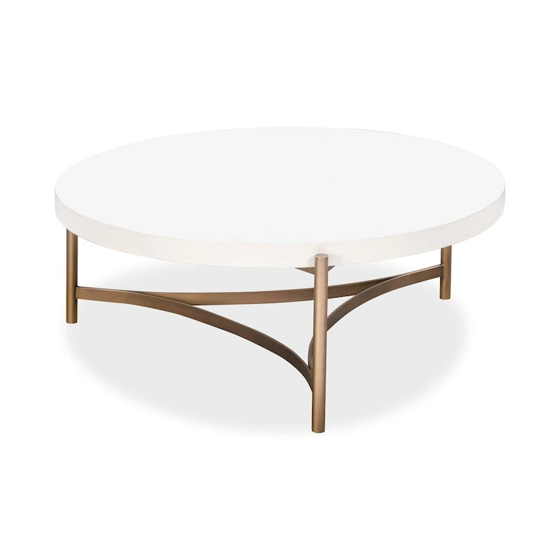 Tavolino da caffè rotondo 46 pollici, piano in cemento bianco, base a treppiede in bronzo