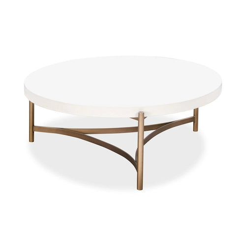 Tavolino da caffè rotondo 46 pollici, piano in cemento bianco, base a treppiede in bronzo