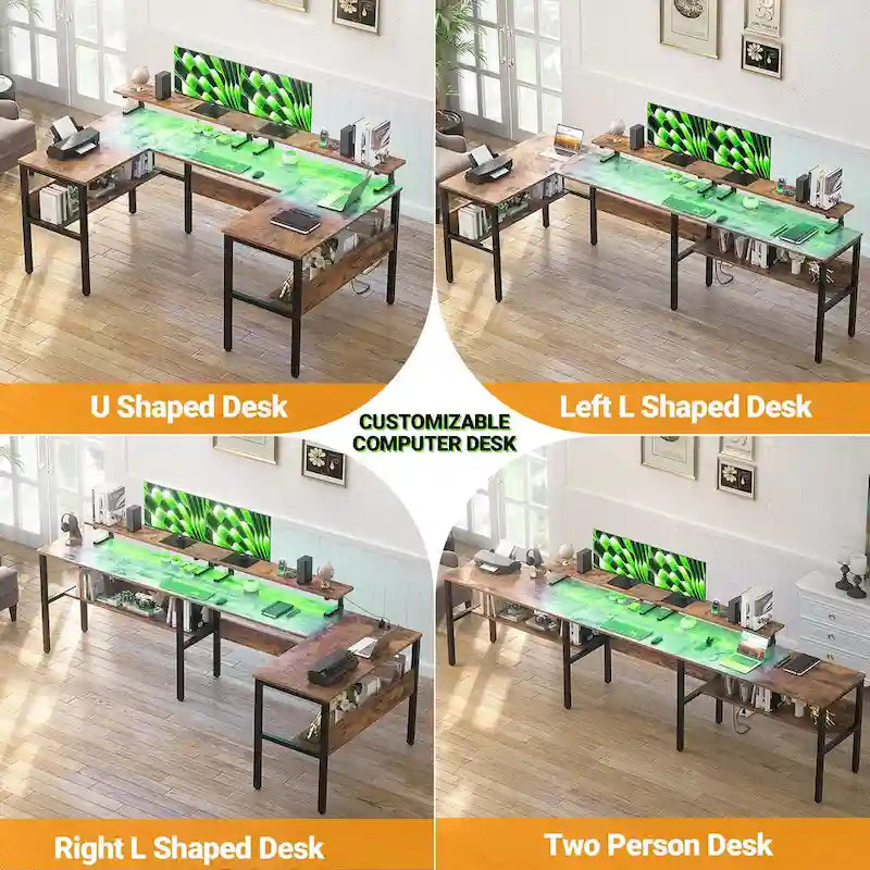 Scrivania per computer a forma di U con luci LED e porte USB