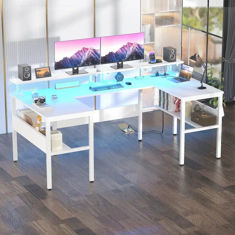 Scrivania per computer a forma di U con luci LED e porte USB