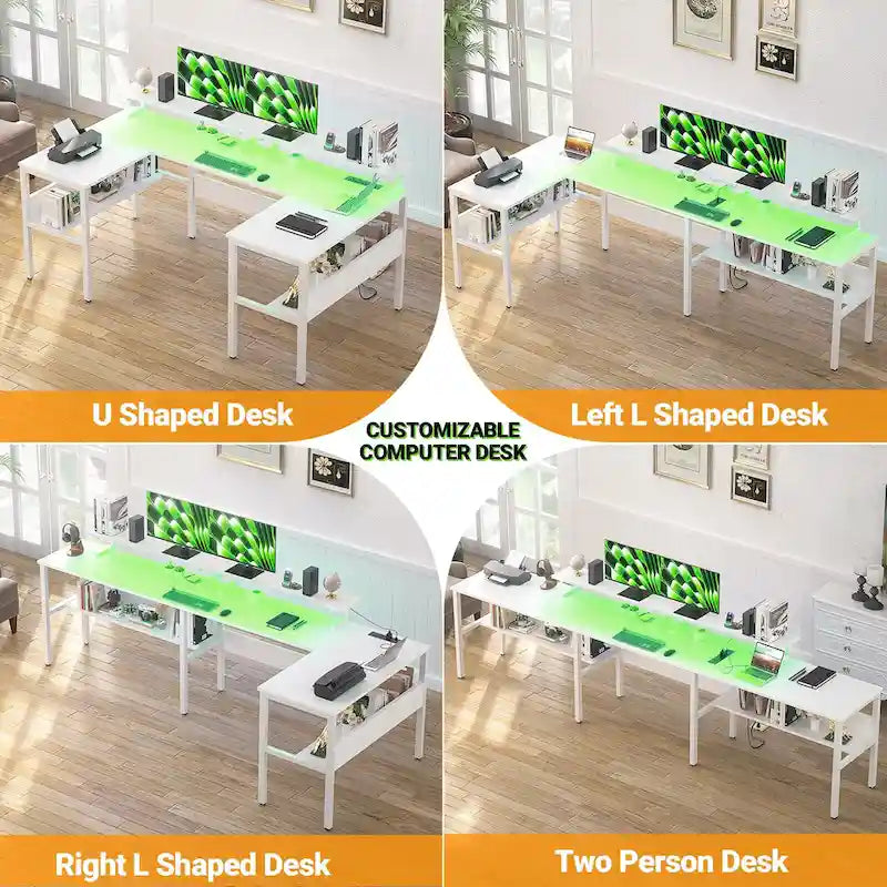 Scrivania per computer a forma di U con luci LED e porte USB