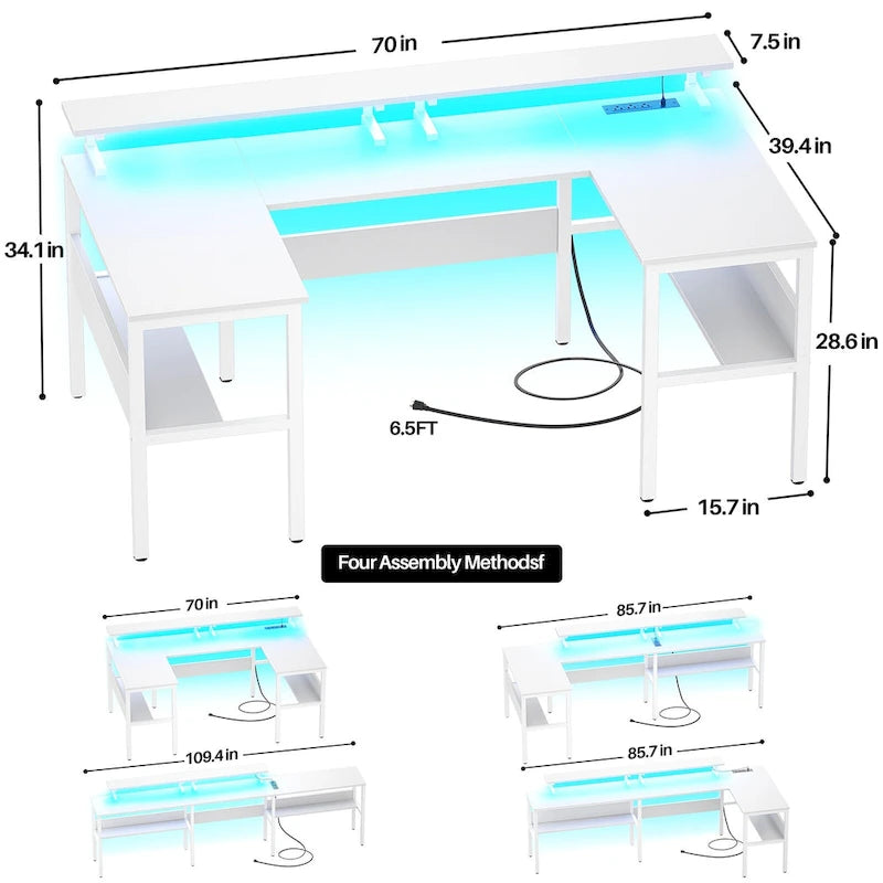 Scrivania per computer a forma di U con luci LED e porte USB