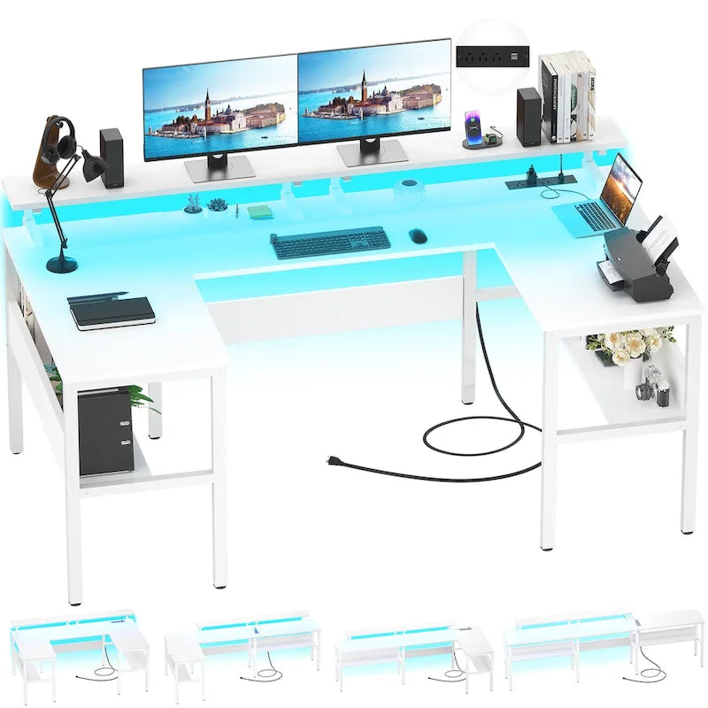 Scrivania per computer a forma di U con luci LED e porte USB
