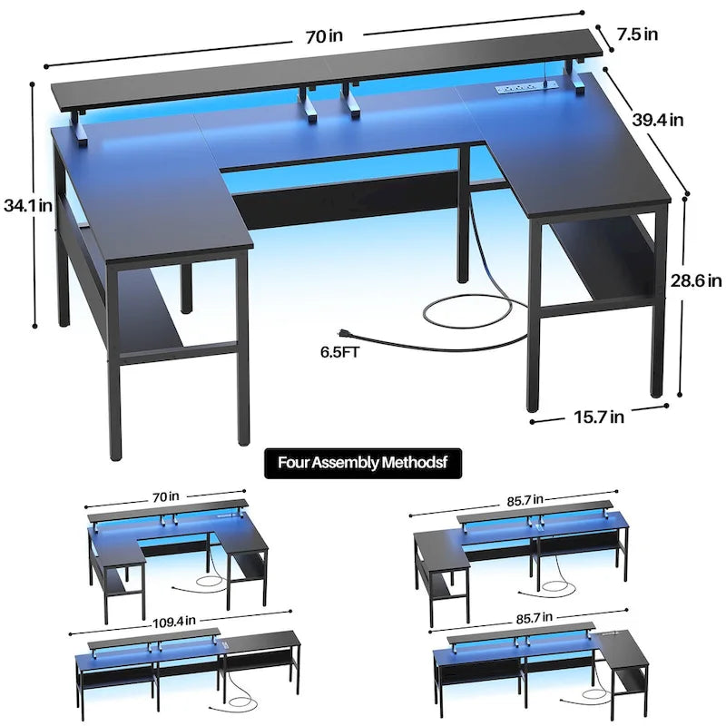 Scrivania per computer a forma di U con luci LED e porte USB